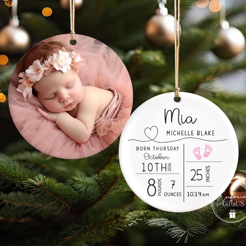 Ornement personnalisé de statistiques de naissance de bébé, ornement personnalisé de nouveau bébé, ornement photo de bébé, souvenir de bébé, cadeau de baby shower, cadeau de nouveau parent image 1