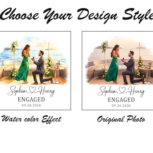 Puede incluir: Dos im&aacute;genes lado a lado tituladas Choose Your Design Style que muestran una propuesta en un barco. Una es un efecto de acuarela, la otra una foto original. Ambas muestran a una persona con vestido verde y otra con traje, con el texto Sophia Henry ENGAGED 09.26.2026.
