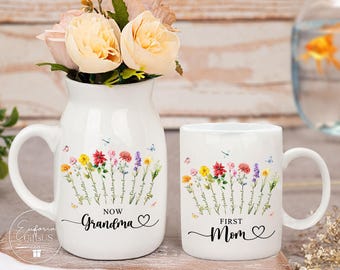 First Mom Now Grandma Flower Vase, Personalized Grandkid Name Flower Vase, Mother's Day Gift, Custom Birth Month Flower Vase, Grandma Gifts
