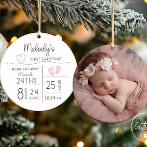 Ornement personnalisé de statistiques de naissance de bébé, ornement personnalisé de nouveau bébé, ornement photo de bébé, souvenir de bébé, cadeau de baby shower, cadeau de nouveau parent Ceramic - 2 Sides