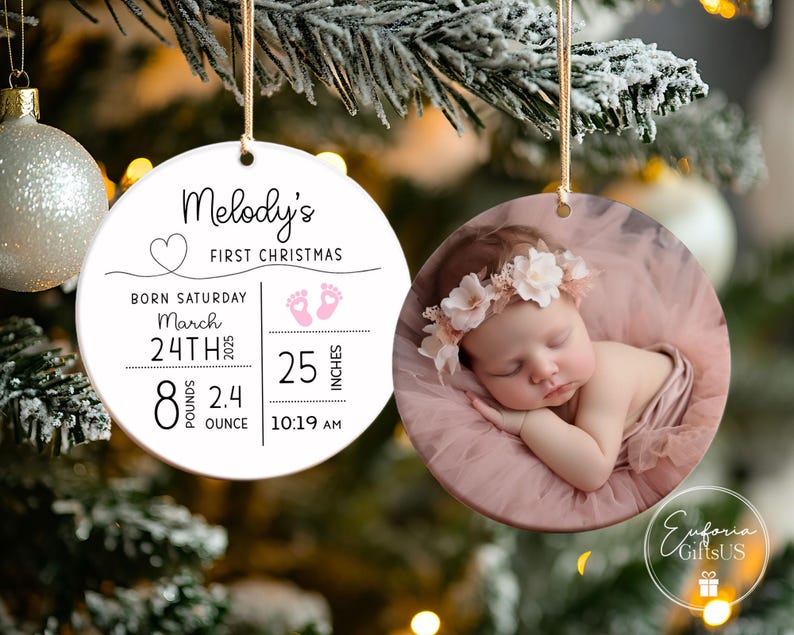 Ornement personnalisé de statistiques de naissance de bébé, ornement personnalisé de nouveau bébé, ornement photo de bébé, souvenir de bébé, cadeau de baby shower, cadeau de nouveau parent Ceramic - 2 Sides