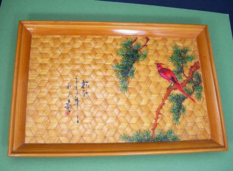 Hand-painted Red Bird /& Tree Vintage Asian Small Decorative Tray Woven 3-D Cube Design Japanese Woven Bamboo Tray Asian Home Decor