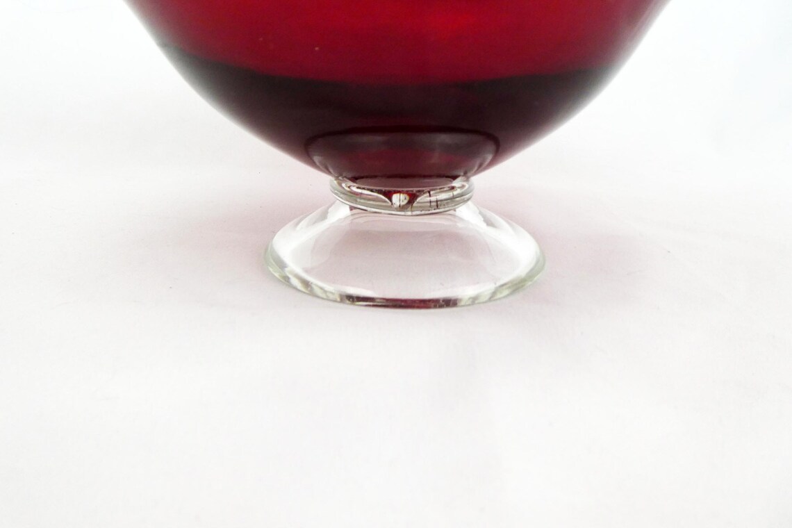 Large Handblown Red Art Glass Compote With Clear Wavy Rim and Etsy