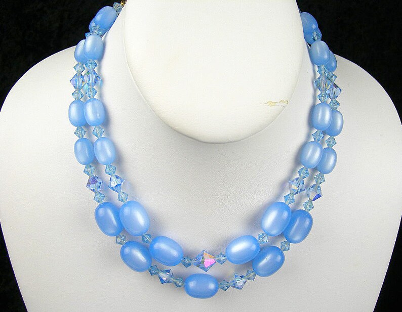 Blue Choker Necklace 2Strands of Moonglow Beads with Etsy