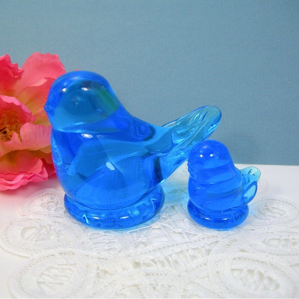 Two Bluebirds of Happiness, Vintage Hand-Blown Glass Figurines, Momma and Baby, Signed Mike Patrick and Leo Ward, Dated 1985