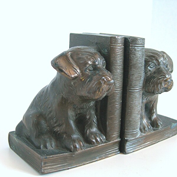 Dog Bookends Small Cast Metal Bronzed Terrier Vintage 1930-40s Collectible Baby Nursery Childrens Books SALE, was 34.00