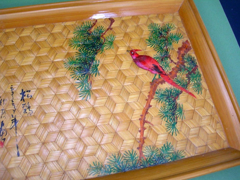 Hand-painted Red Bird /& Tree Vintage Asian Small Decorative Tray Woven 3-D Cube Design Japanese Woven Bamboo Tray Asian Home Decor