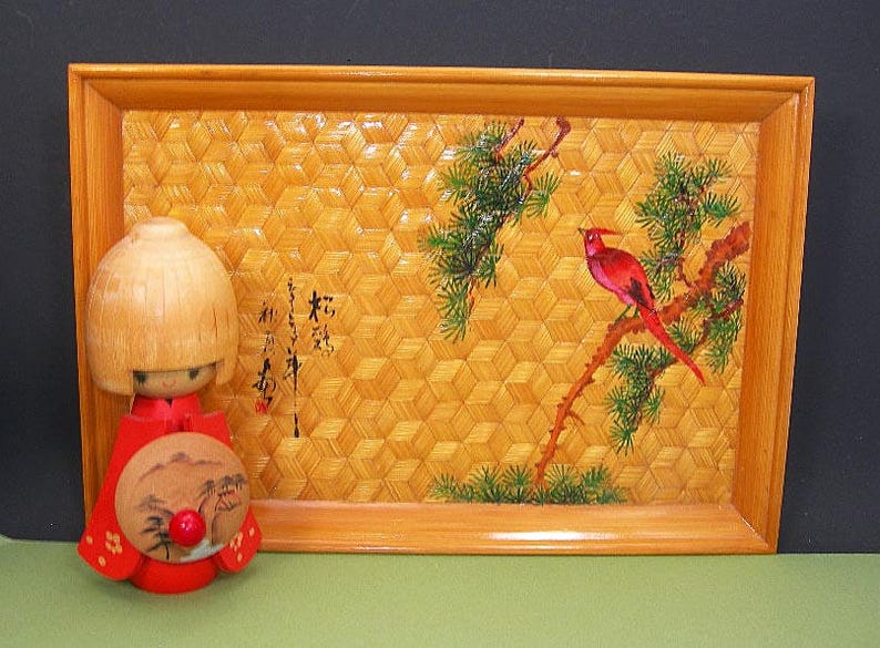 Hand-painted Red Bird /& Tree Vintage Asian Small Decorative Tray Woven 3-D Cube Design Japanese Woven Bamboo Tray Asian Home Decor