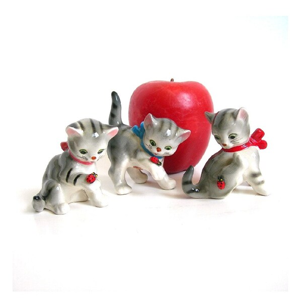 Vintage Kitten Figurines - Set of 3 Little Gray Kittens with Ladybugs - Ceramic Figural Cat Kitsch Shelf Sitters - Circa 1970s