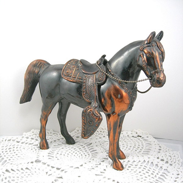 Vintage Metal Carnival Horse Large 7-3/4" Tall Circa 1950s Copper Plate with Removeable Saddle Western Cowboy Southwest