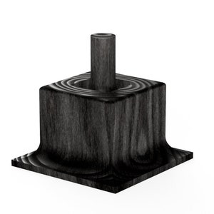 May include: A black wooden stand with a square base and a cylindrical top. The stand has a smooth, polished finish and a slightly curved base.