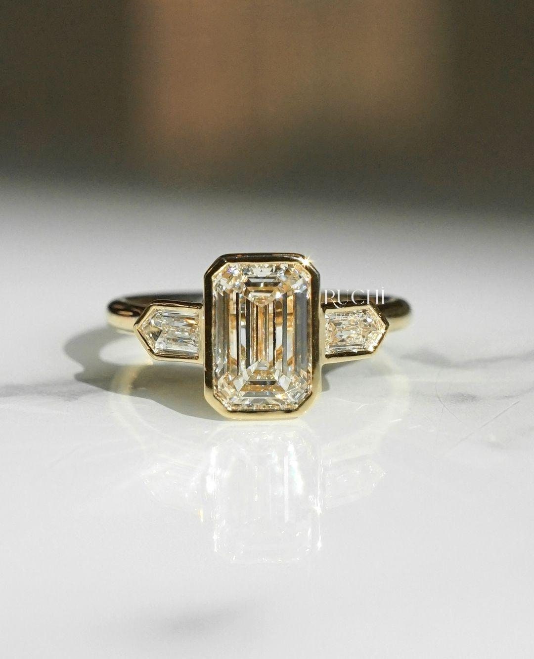 CLASSIC 3 EMERALD-CUT Diamond Ring With Side Stones , Trio Baguette ...