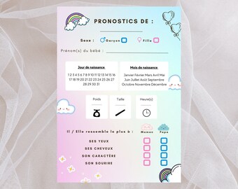 Cartes de pronostics pour la naissance de bébé, Pronostics Prédiction bébé en français pour jeux Baby Shower, Gender Reveal, Fille ou Garçon