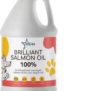 May include: A white plastic gallon jug with a red and yellow label. The label says "STELLAR CHEMICAL CORP", "BRILLIANT SALMON OIL", "100%", "Unrefined fresh norwegian salmon oil for your dog or cat", "Human Grade", "Non GMO", "No Antibiotics", "No Additives".