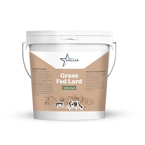 May include: A white bucket with a brown label that says "Grass Fed Lard 100% Pure" with a picture of a farm scene and cows. The label also includes the text "Stellar" and lists health benefits and premium ingredients.