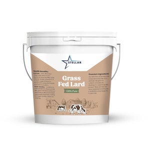 May include: A white bucket with a brown label that says "Grass Fed Lard 100% Pure" with a picture of a farm scene and cows. The label also includes the text "Stellar" and lists health benefits and premium ingredients.