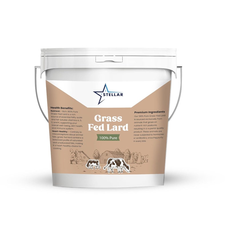 May include: A white bucket with a brown label that says "Grass Fed Lard 100% Pure" with a picture of a farm scene and cows. The label also includes the text "Stellar" and lists health benefits and premium ingredients.
