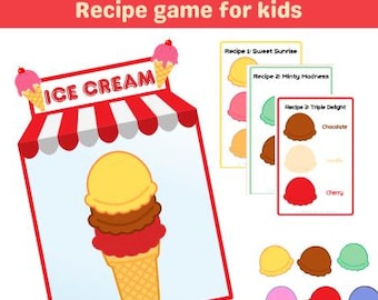 May include: A colorful ice cream recipe game for kids. The image features a large ice cream cone illustration with three scoops. Recipe cards show flavor options like chocolate, vanilla, and cherry. The text "Build an Ice Cream Recipe game for kids" is at the top.