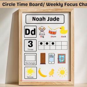 Könnte beinhalten: Ein gerahmtes Lernplakat mit dem Text "Circle Time Board/ Weekly Focus Chart" und "Noah Jade". Das Plakat enthält Illustrationen eines Hundes, einer Trommel, einer Ente und anderer Objekte sowie die Buchstaben "Dd" und die Zahl "3".