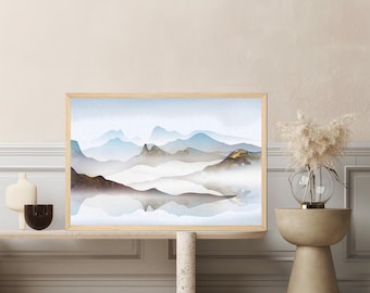 Abstract Mountain Landscape Canvas Print: Blue Watercolor Wall Art