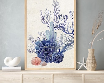Coastal Coral Watercolor Canvas Print: Blue Ocean Reef Art