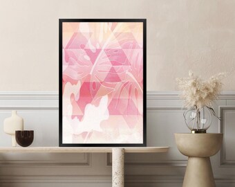 Pink Geometric Leaf Canvas Print: Modern Botanical Wall Art