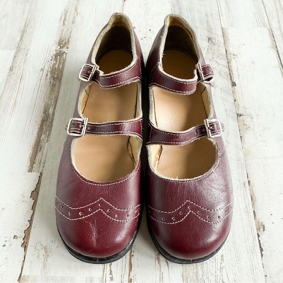 Vintage 1930s Brown Leather Double Strap Mary Jane Shoes Girls - Main Image