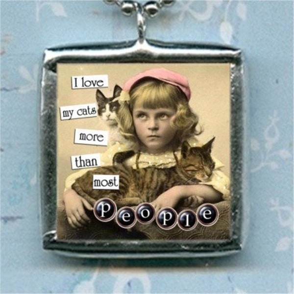 LOVE CATS soldered GLASS pendant NECKLACE altered art COLLAGE charm