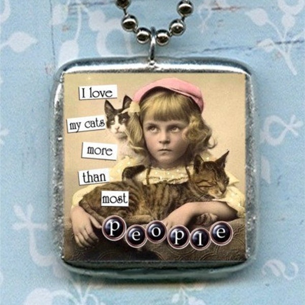 LOVE CATS soldered GLASS pendant NECKLACE altered art COLLAGE charm