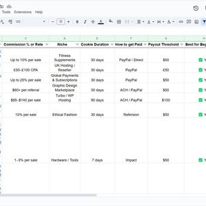 May include: A spreadsheet with a list of affiliate programs, including company name, affiliate link, commission rate, niche, cookie duration, how to get paid, payout threshold, best for beginners, high ticket, and geo-restrictions.