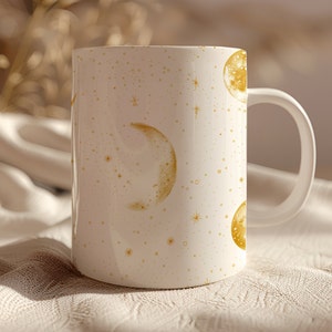 Gold Star and Moon Watercolor Coffee  Mug, Constellation Galaxy Cosmic Gift, Unique Starry Night Kitchenware, Gold Celestial Mug, Stars Mug