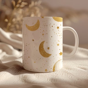 Gold Star and Moon Watercolor Coffee Mug, Constellation Galaxy Cosmic Gift, Unique Starry Night Kitchenware, Gold Celestial Mug