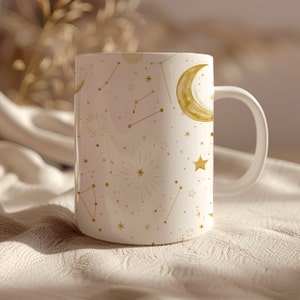 Gold Star and Moon Watercolor Coffee  Mug, Constellation Galaxy Cosmic Gift, Unique Starry Night Kitchenware, Gold Celestial Mug, Stars Mug