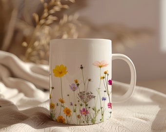 Boho Wildflowers Cottagecore Coffee Mug, Pressed Flowers Mug, Pastel Floral Nature Mug, Botanical Tea Cup, Flower Garden Lover, Gift for Her