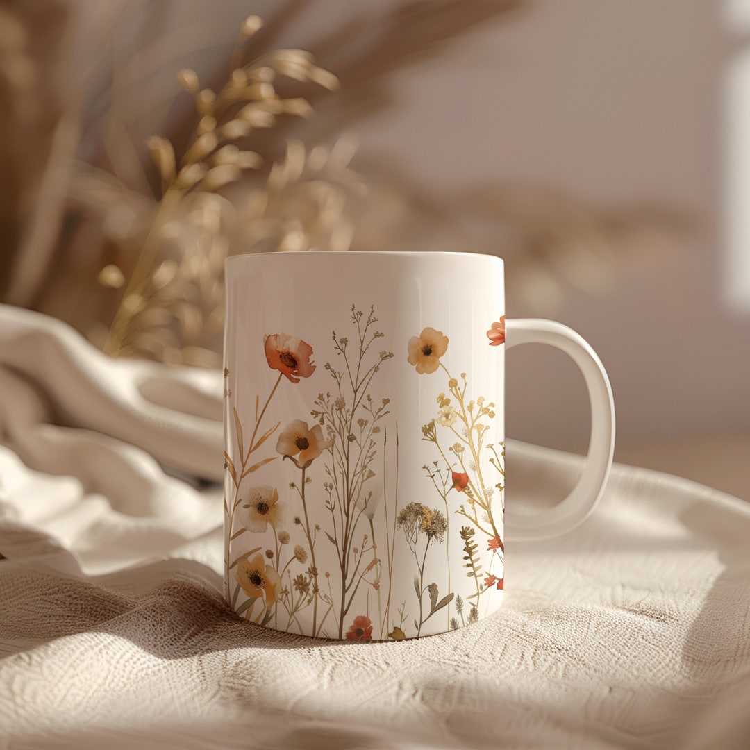 Boho Wildflowers Cottagecore Coffee Mug, Pressed Flowers Mug, Pastel ...