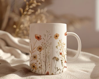 Boho Wildflowers Cottagecore Coffee Mug, Pressed Flowers Mug, Pastel Floral Nature Mug, Botanical Tea Cup, Flower Garden Lover, Gift for Her