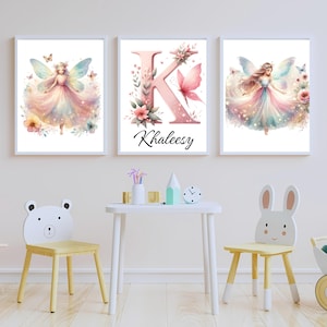 Personalized Digital Prints: Set of 3 - Watercolor Fairies & Letter with Name - Child&#39;s Room Decor - Unique Newborn Gift