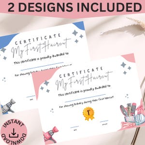 Personalisiertes Zertifikat für den ersten Haarschnitt – Baby-Souvenir-Diplom – Kindergeschenk – zum Ausdrucken zum Selbstausfüllen. Herunterladen