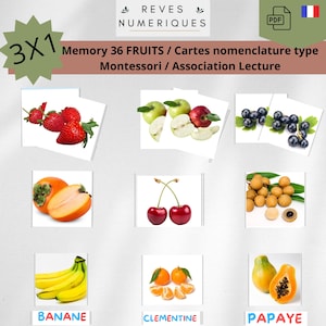 36 Fruit Cards in French - Memory Game - Montessori Nomenclature Cards Start of Reading - printable memo cards educational activity