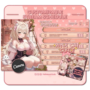 Pink Cat Cutie Stream Schema Aanpasbare sjabloon Twitch / Discord / Stream / Vtube / Kawaii Soft-stijl