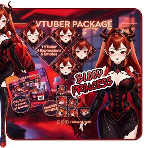 VTuber Package Blood Princess 4 Expressions 6 Emotes / Bundle Stream Asset VTuber Character Aesthetic Dark Vampire Red Vampire Goth