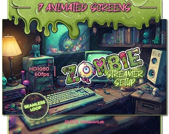 7 ANIMATED Stream Screens, Vtuber Background Overlay: Halloween Cute Zombie Room Set Up, Creepy Night View, Twitch Seamless Loop