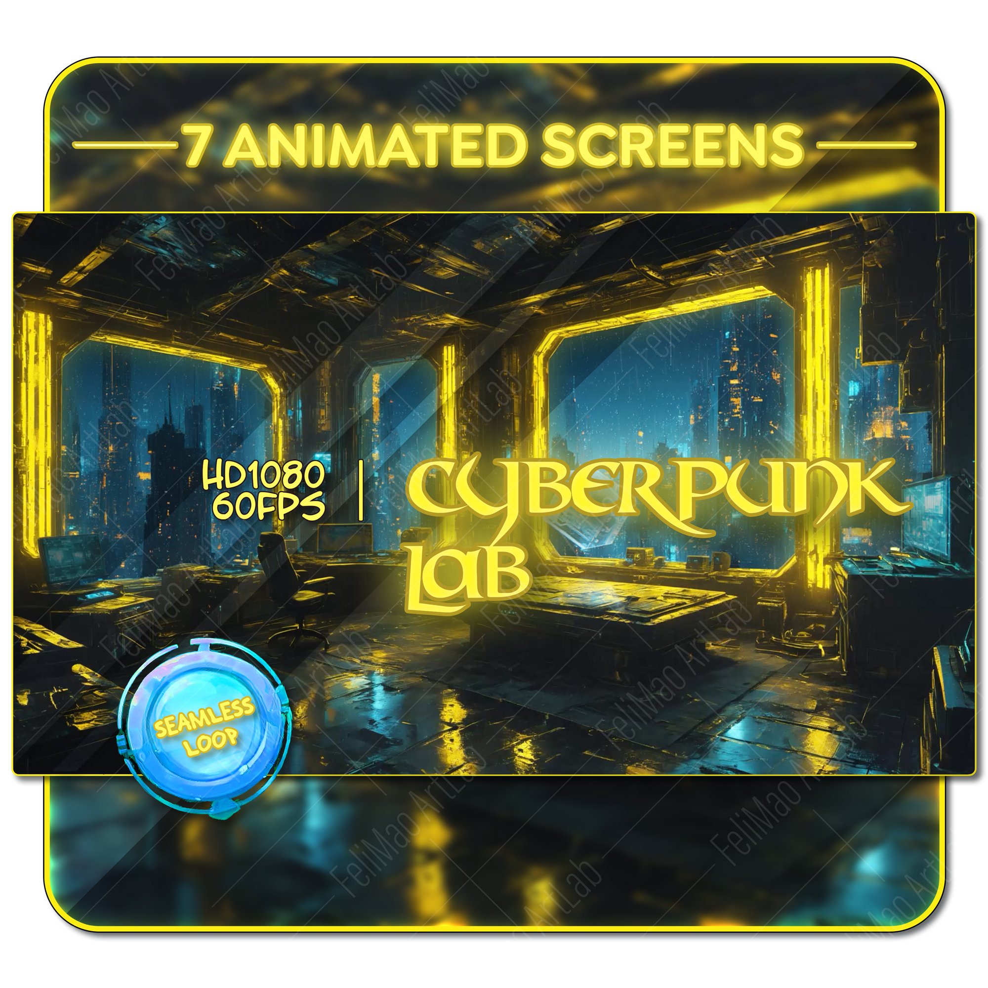 Animated Cyberpunk Laboratory Stream Screens: Futuristic Vtuber Overlay (Seamless Loop)