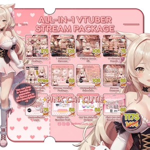Todo en 1 VTuber PNGTuber Paquete de transmisión de gato rosa lindo Twitch Kick / Paquete de activos de transmisión Personaje estético Kawaii Lindo Suave
