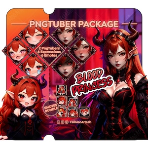 PNGTuber Package 2 Blood Princess 6 Expressions 6 Emotes / Bundle Stream Asset Personnage VTuber Esthétique Vampire Noir Vampire Rouge Gothique