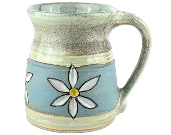 Handmade 12 oz. Stoneware Flower Mug, Pottery Coffee Mug, Pale Green and Pale Blue Green