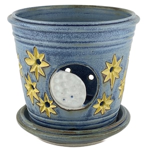 Carved Moon & Stars Orchid Pot, Orchid Planter, Blue Stoneware Orchid Cachepot