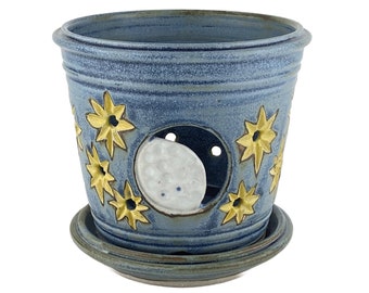 Carved Moon & Stars Orchid Pot, Orchid Planter, Blue Stoneware Orchid Cachepot