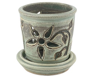 Small 4" Stoneware Orchid Pot, Orchid Planter, Gray Green Orchid Cachepot, Ceramic Pottery Orchid Pot