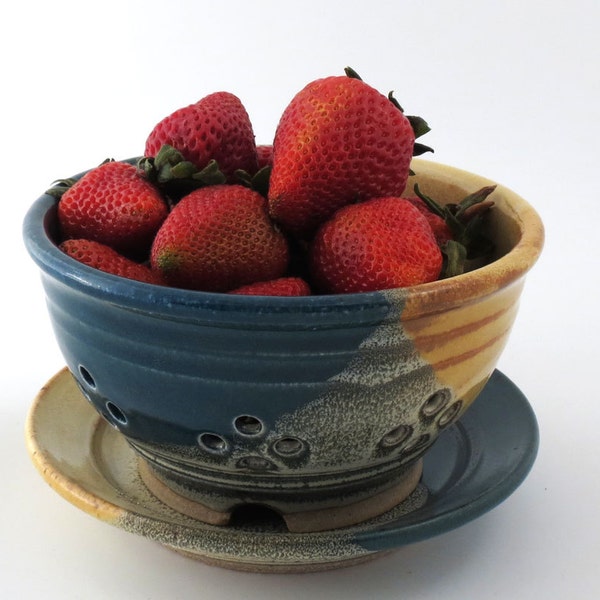 Berry Bowl - Colander - Ceramic - Yellow Salt / Deep Turquoise / Handmade Wheel Thrown Pottery